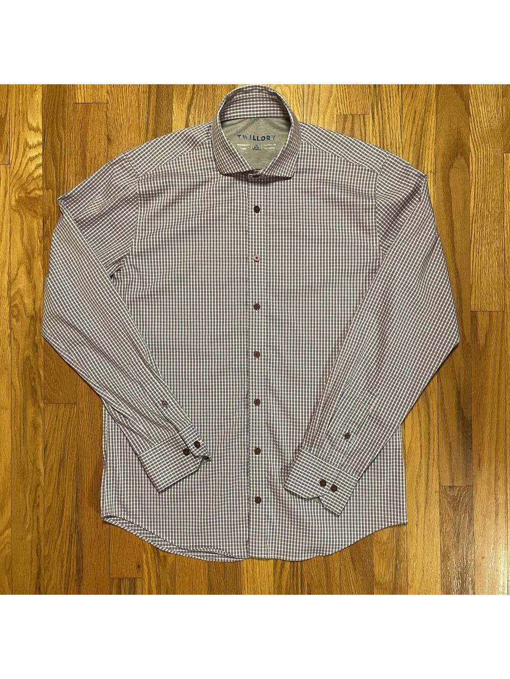 Twillory Performance Gingham Shirt Men 16, 34-35 Tailored Fit Plaid Purple NWOT